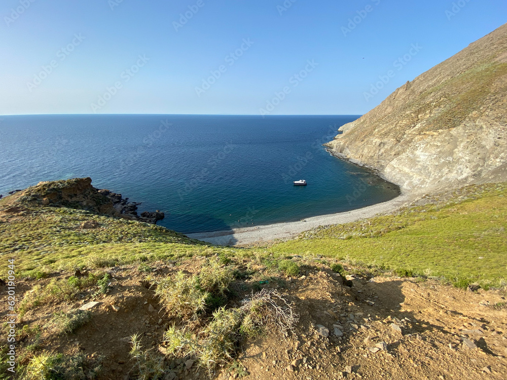 Hide angle view of Blue bay (Mavi Koy) seascape next to Gokceada Yildiz Bay underwater national park. Imbros island, Canakkale, Turkey