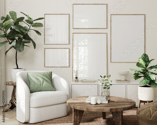 Frame mockup  Home interior background  living room in light pastel colors  3d render
