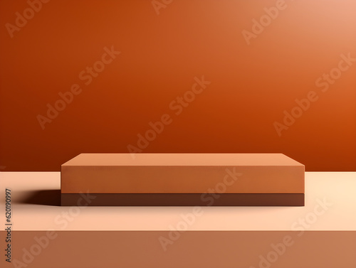 Brown square podium in the studio. Used for product and fashion photography. Generative AI. Illustration © Jira