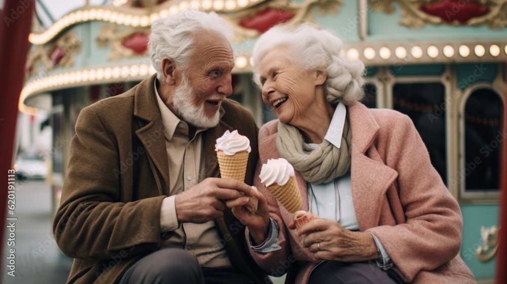 Concept: life and rest of pensioners. Cheerful elderly couple have fun in the amusement park eating ice cream. created by AI