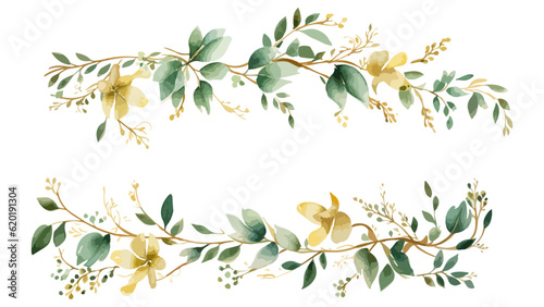 Floral and leaf card. watercolor design. For banners, posters, invitations, Watercolor flora green & gold leaf branches collection floral pattern. 