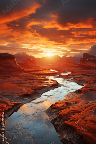 Astounding top view of the sun over a red desert. AI generative
