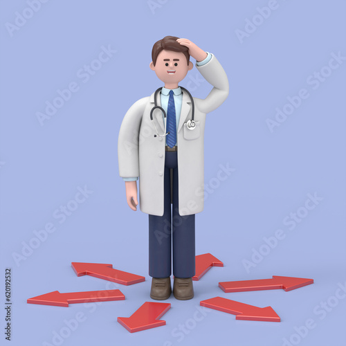 3D illustration of Male Doctor Lincoln standing at crossroads arrows. standing choice of ways.Medical presentation clip art isolated on blue background
 photo