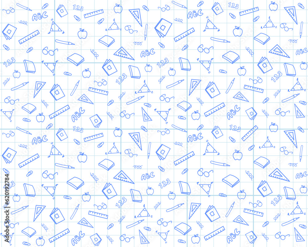 Seamless pattern, school elements on background of checkered notebook sheet. Simple contour icons