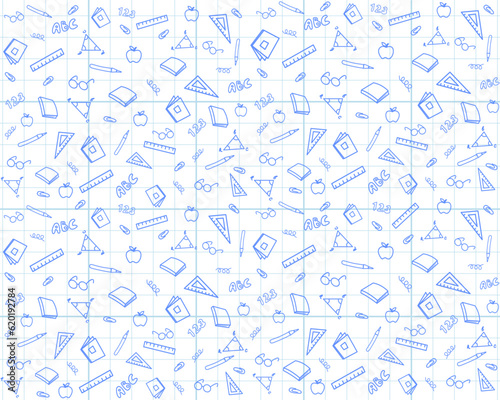 Seamless pattern, school elements on background of checkered notebook sheet. Simple contour icons