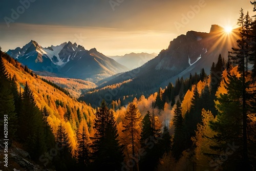 sunset in the mountains , autumn forest in the morning 