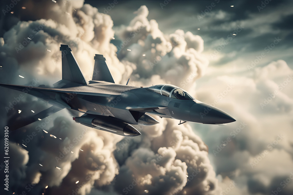 War Series Fighter Jet Aerial Attack Under Machinegun Fire Above Large White Clouds Created War Series Fighter Jet Aerial Attack Under Machinegun Fire Above Large White Clouds Created