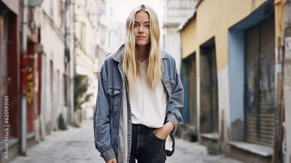 Portrait of a beautiful young adult woman wearing oversized style clothes in city street