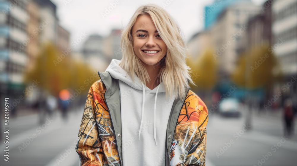 Portrait of a beautiful young adult woman wearing oversized style clothes in city street