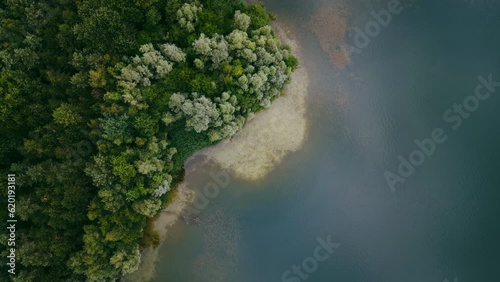 Aerial drone top down view of lake among forest, Nordrhein westfalen, Germany in summer day. High quality 4k footage photo