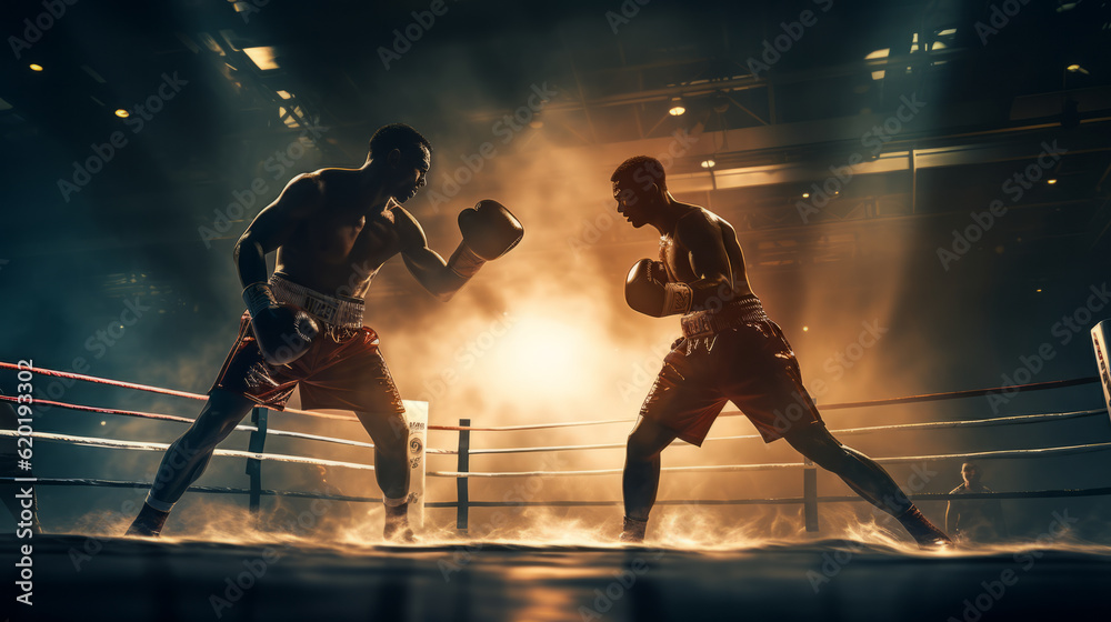 Two man boxers fighting in a boxing ring - obrazy, fototapety, plakaty 
