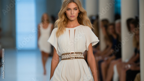 Beautiful top model girl in the fashion week runway wearing white dress