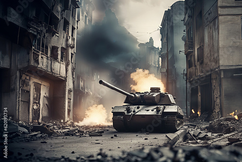 WAR SERIES, Tank in Urban Area Driving Trough Smoldering Ruins, created with Generative AI technology