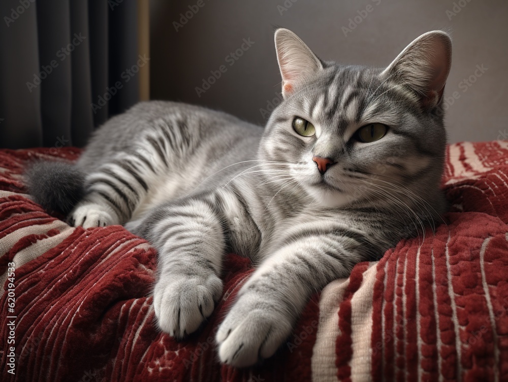 American Shortair Cat lounging in a comfy bed (Generative AI)