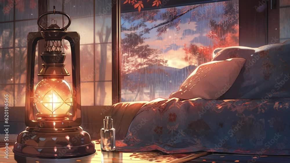 A rustic lantern illuminating a cozy room, through the window against a rainy day, anime-style animation