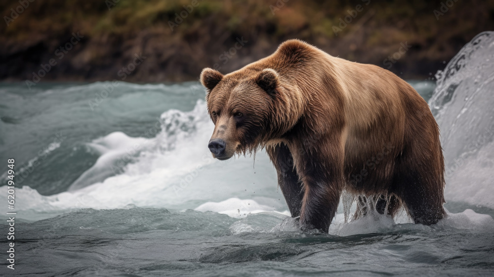 an adult grizzly bear hunts for salmon fish in the water. Generative AI an adult grizzly bear hunts for salmon fish in the water. Generative AI