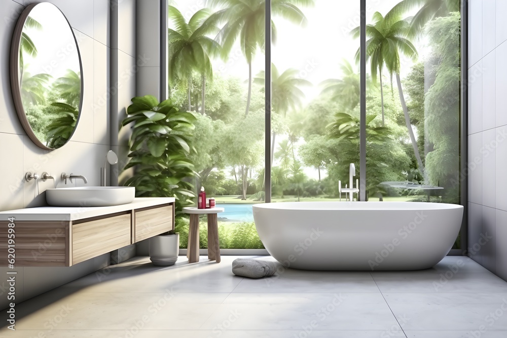 Fototapeta premium interior design of Modern bathroom interior with wooden decor in eco style. created generative AI