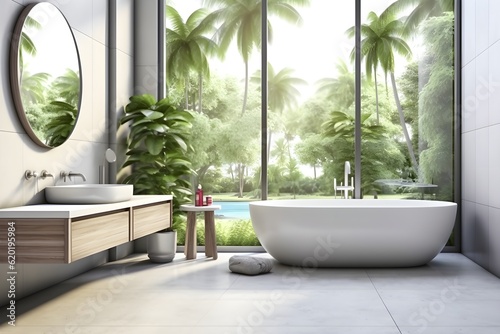 interior design of Modern bathroom interior with wooden decor in eco style. created generative AI © SEUNGJIN