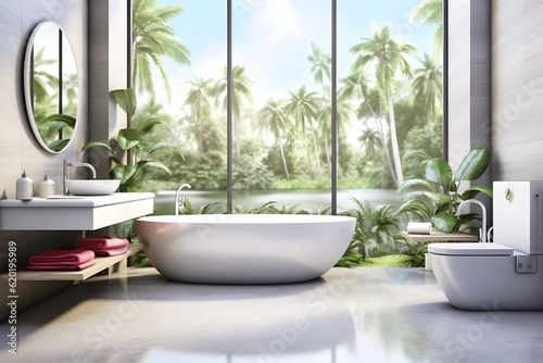interior design of Modern bathroom interior with wooden decor in eco style. created generative AI