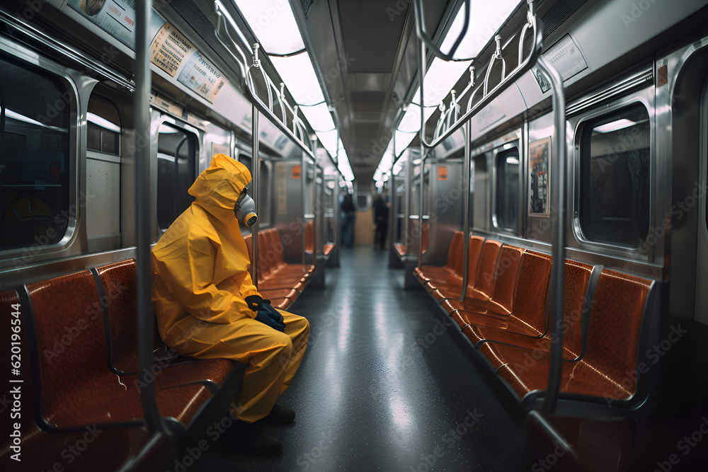 Obraz premium A man in a protective suit and respirator rides in public transport, Generative AI 2