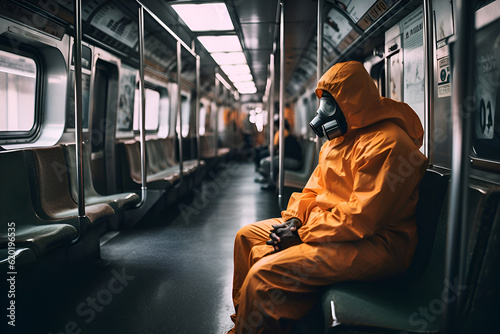 A man in a protective suit and respirator rides in public transport, Generative AI photo