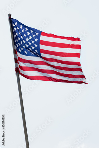 American flag on an inclined mast waving against the wind, desaturated sky background, vertical image.