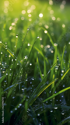 Morning dew on vibrant green grass, with sunlight filtering through.