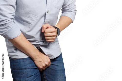 Man wanting to the toilet and holding his groin, cut out photo