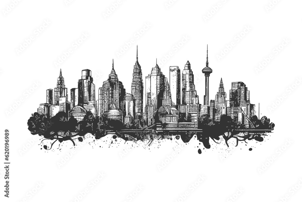 City silhouette sketch and drawn engraved style. Vector illustration design.