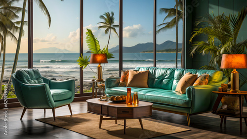 Offenes Zimmer in tropischer Landschaft mit Meerblick 