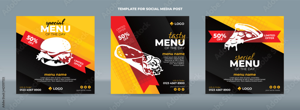 Orange and black with red ribbon social media post template for food menu promotion