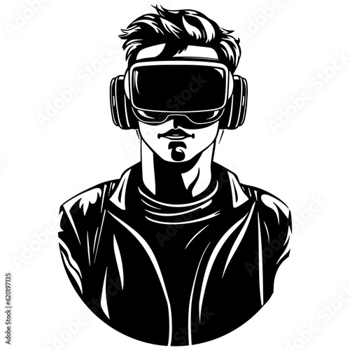 Person in virtual reality headset. VR headset goggles. Virtual reality art icon, symbols, logo, illustrations, signs, doodles for web, business, online. Vector illustration, technology and innovation
