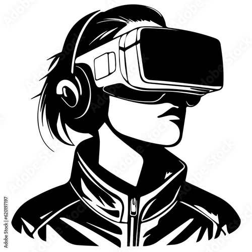 Person in virtual reality headset. VR headset goggles. Virtual reality art icon, symbols, logo, illustrations, signs, doodles for web, business, online. Vector illustration, technology and innovation
