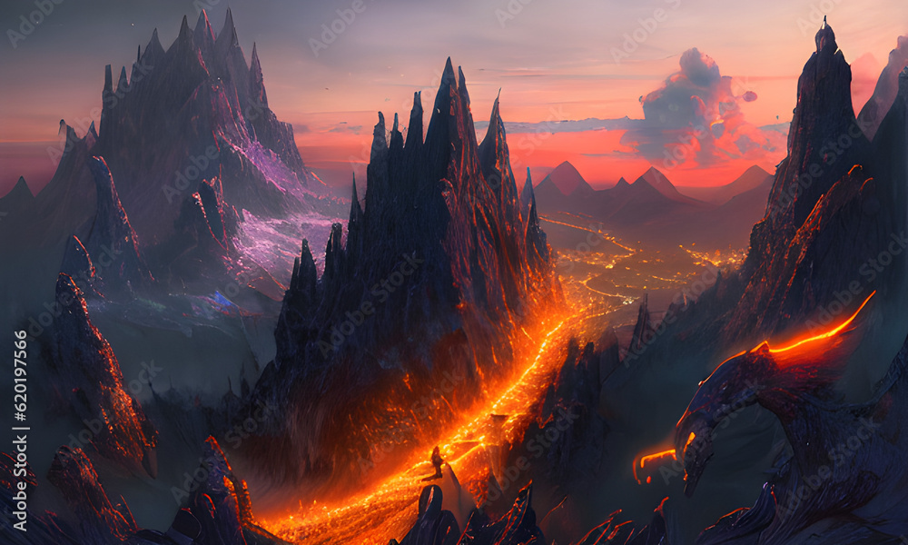 sunset in magical lava river in the dark mountains 