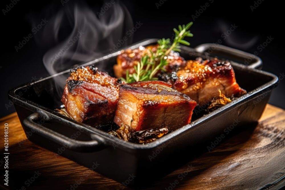 Grilled pork belly with soy sauce and herbs on a black background. Generative AI.