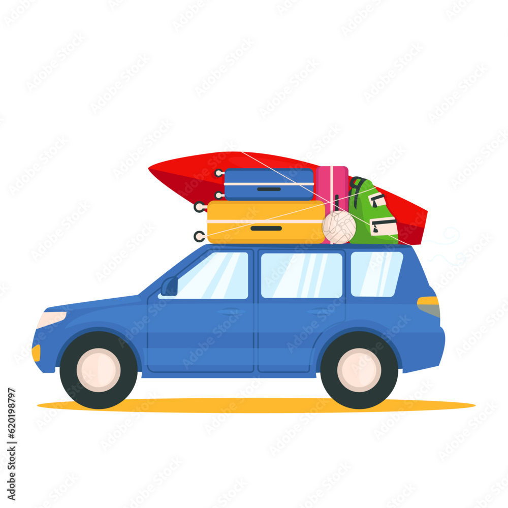 Blue car with things goes on vacation. Suitcases, a surfboard, a backpack, a ball are fixed on the roof. Vector graphic.