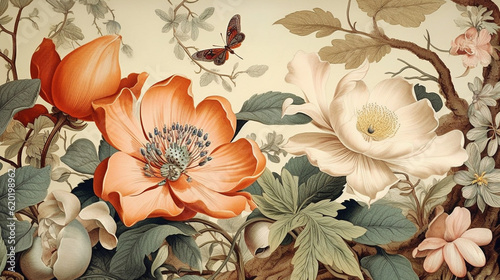 Vintage Botanical Flower Illustration with Detailed Floral Blooms and Plants Leaves - Aged Wallpaper or Background - Generative AI