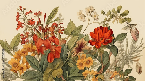 Vintage Botanical Flower Illustration with Detailed Floral Blooms and Plants Leaves - Aged Wallpaper or Background - Generative AI
