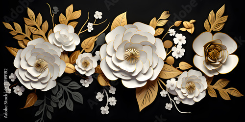 abstract black and gold and white floral pattern background, generative ai