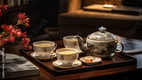 Chinese Tea Ceremony, Service for Tea, Porcelain Teacups, Generative AI © Lucy