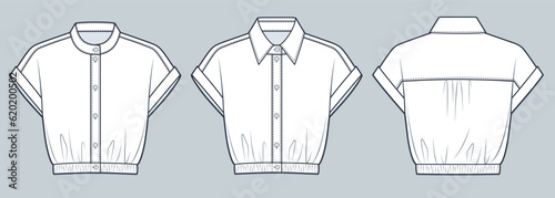 Cropped Shirt technical fashion Illustration. Short Sleeve Shirt, Blouse fashion flat technical drawing template, button, elastic waistband, front, back view, white, women, men, unisex CAD mockup set 