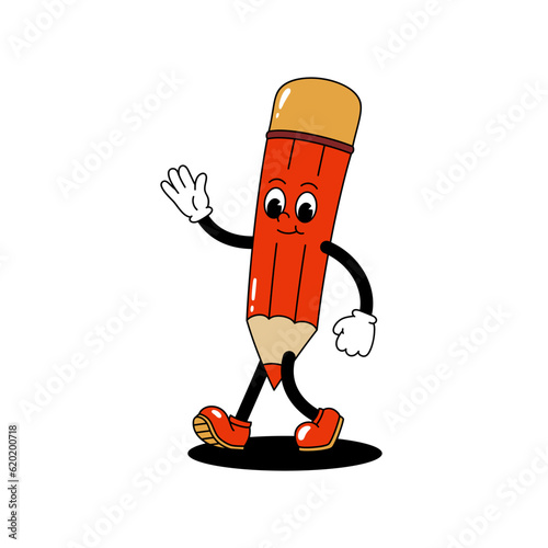 Vector cartoon retro mascot color illustration of walking pencil. Vintage style 30s, 40s, 50s old animation. The clipart is isolated on a white background.