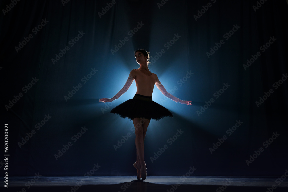Silhouette of tender, elegant, talented woman, ballet dancer performing on stage against dark blue background with spotlight