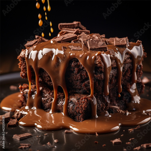Delicioso bolo coberto com calda de chocolate criado por IA photo