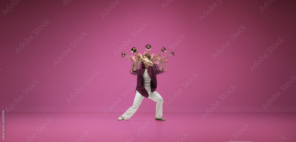 Creative collage. Young man, talented musician playing trumpet against pink studio background. Concept of music, talent, hobby, entertainment, festival, performance, ad