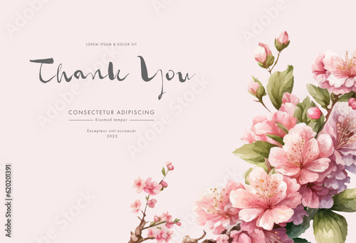 Cherry blossom thank you card design template. Watercolor cherry blossom invitation.