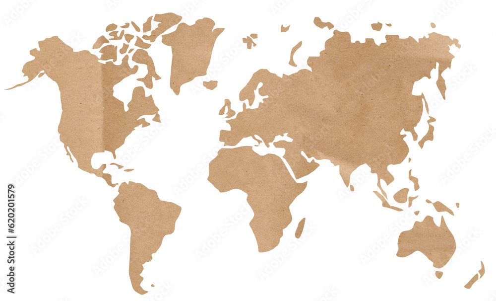 World map from brown craft paper on a white isolated background, the continents of the planet