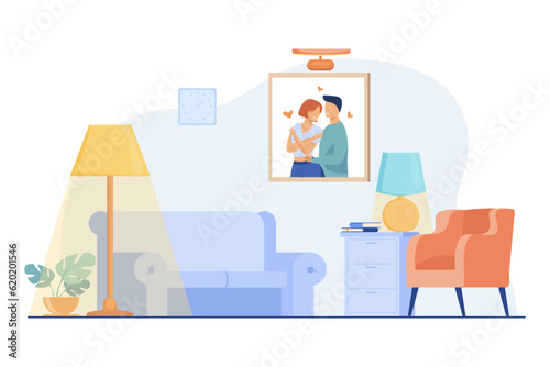 Cozy living room with lights vector illustration. Floor and table lamps in apartment, local lighting for picture of happy couple on wall. Furniture, interior design, renovation concept