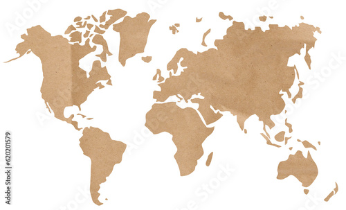 World map from brown craft paper on a white isolated background  the continents of the planet