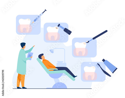Patient in dental chair and procedures vector illustration. Drawing of dentist explaining dental services, anesthesia, filling, cleaning. Dentistry, dental care, oral hygiene, healthcare concept